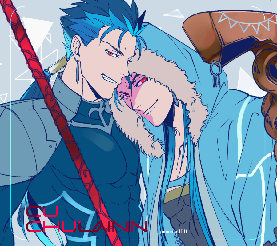 2boys abs armor beads blue_hair bodysuit capelet character_name closed_mouth cu_chulainn_(fate)_(all) cu_chulainn_(fate/grand_order) earrings fate/grand_order fate/stay_night fate_(series) fur-trimmed_hood fur_trim gae_bolg grin hair_beads hair_ornament hood hood_up hooded_capelet jewelry lancer long_hair looking_at_viewer male_focus mineco000 multiple_boys multiple_persona muscular pauldrons pectorals ponytail red_eyes shoulder_armor skin_tight smile spiked_hair staff twitter_username type-moon