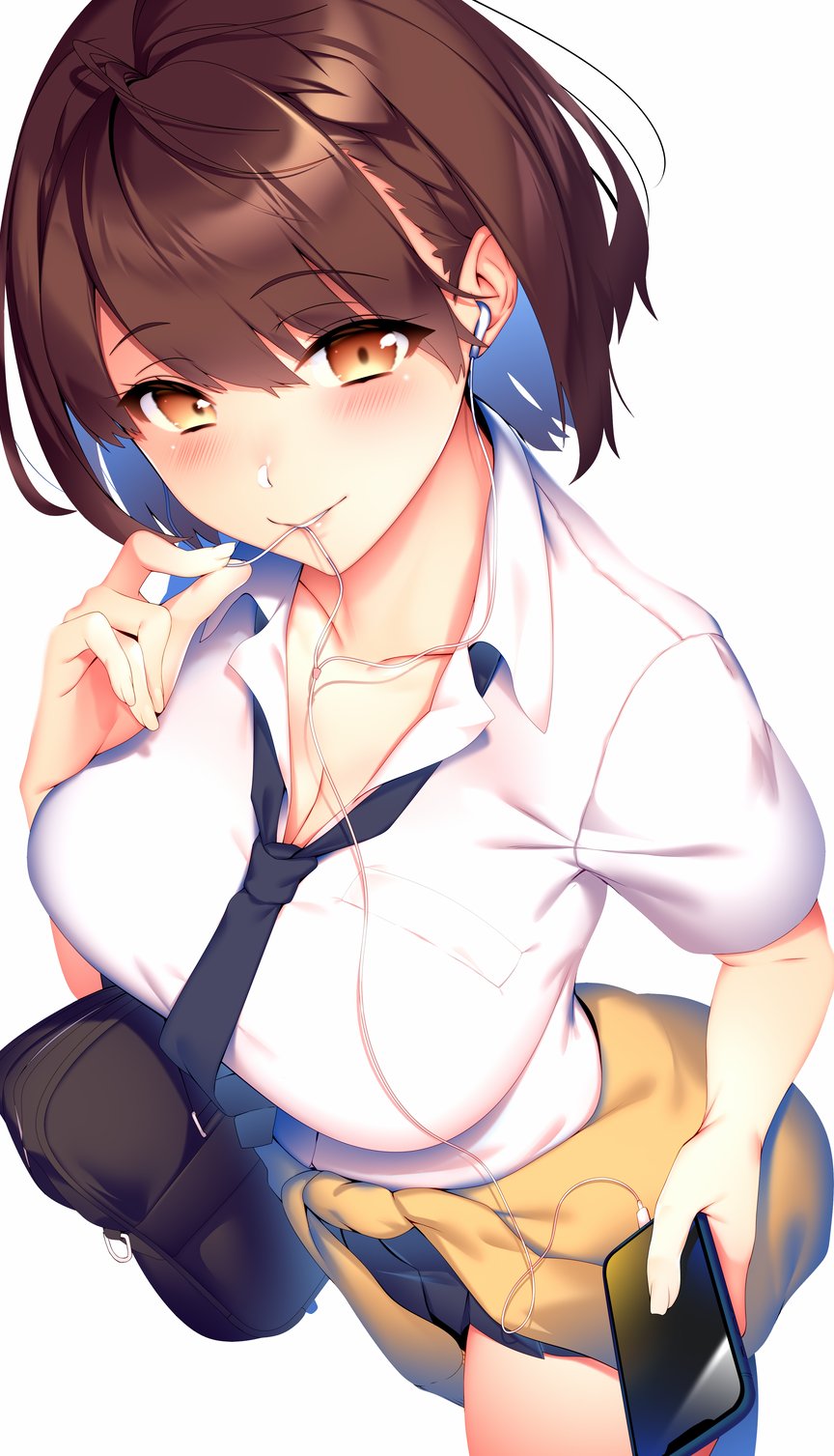 1girl azur_lane bag baltimore_(after-school_ace)_(azur_lane) baltimore_(azur_lane) brown_eyes brown_hair cellphone clothes_around_waist earbuds earphones eyebrows_visible_through_hair highres holding holding_phone looking_at_viewer mouth_hold necktie phone pleated_skirt ryuji_(ikeriu) school_bag school_uniform short_hair short_sleeves simple_background skirt solo sweater sweater_around_waist white_background yellow_sweater
