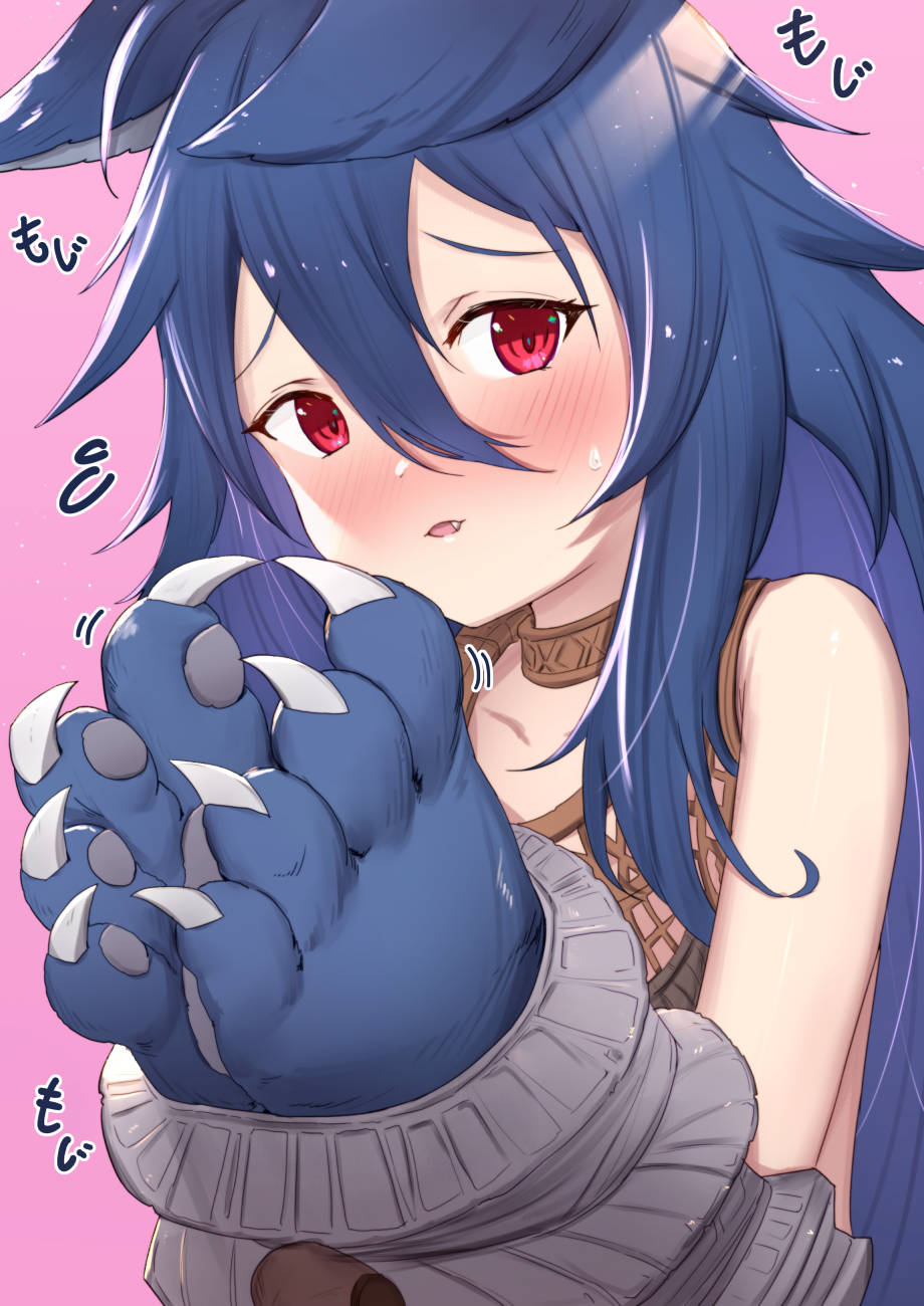 1girl bangs bare_shoulders blue_gloves blue_hair blush commentary_request eyebrows_visible_through_hair fang fenrir_(shingeki_no_bahamut) flying_sweatdrops gloves granblue_fantasy hair_between_eyes hands_up highres long_hair looking_at_viewer parted_lips paw_gloves paws pink_background red_eyes simple_background solo uneg upper_body very_long_hair