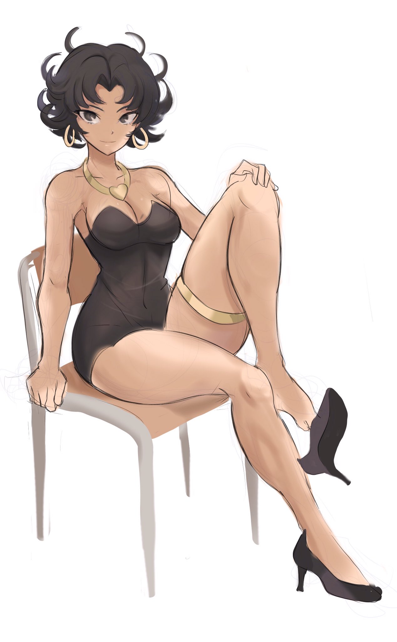 1girl bangs bare_legs bare_shoulders betty_boop betty_boop_(character) black_dress black_eyes black_footwear black_hair breasts chair cleavage closed_mouth collarbone commentary dress earrings english_commentary full_body high_heels highres hoop_earrings jewelry light_smile looking_at_viewer medium_breasts necklace parted_bangs rakeem_garcia-cueto short_dress short_hair simple_background sitting sketch smile solo strapless strapless_dress taut_clothes taut_dress thighlet thighs white_background