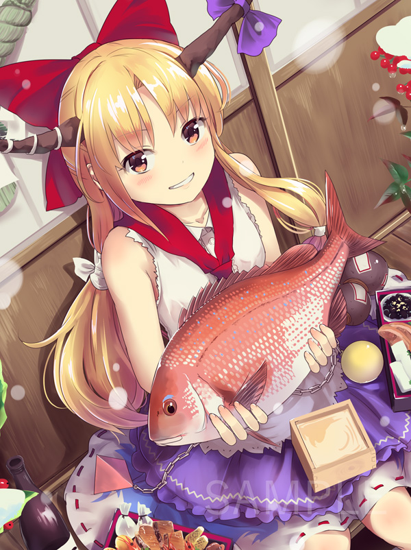 1girl bangs bare_shoulders blonde_hair blush bottle bow brown_eyes center_frills culter dutch_angle eyebrows_visible_through_hair feet_out_of_frame fish gourd grin hair_between_eyes hair_bow horn ibuki_suika indoors lens_flare long_hair looking_at_viewer oni oni_horns plant purple_skirt red_bow red_neckwear sample shirt sidelocks sitting skirt sleeveless sleeveless_shirt smile solo touhou very_long_hair water_drop watermark white_shirt