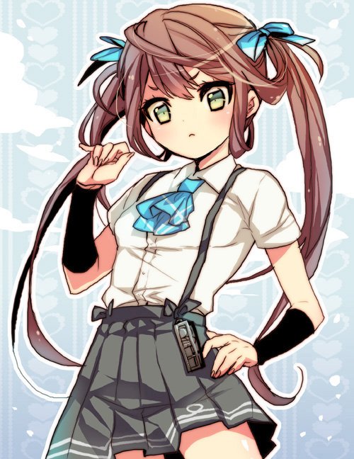 1girl :&lt; arm_warmers asagumo_(kantai_collection) ascot bangs blue_neckwear blush brown_hair closed_mouth green_eyes grey_skirt hair_ribbon hand_on_hip kantai_collection long_hair ribbon shirt short_sleeves skirt solo suspender_skirt suspenders tane_juu-gou twintails white_shirt