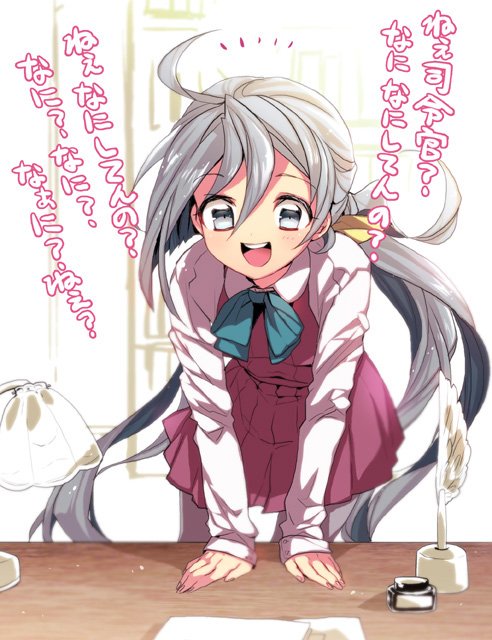 1girl ahoge bangs blue_hair blue_neckwear bow bowtie desk dress eyebrows_visible_through_hair grey_hair grey_legwear hair_between_eyes hair_ribbon inkwell kantai_collection kiyoshimo_(kantai_collection) lamp long_hair long_sleeves low_twintails multicolored_hair open_mouth pantyhose paper purple_dress quill ribbon school_uniform shirt solo tane_juu-gou translation_request twintails two-tone_background white_shirt