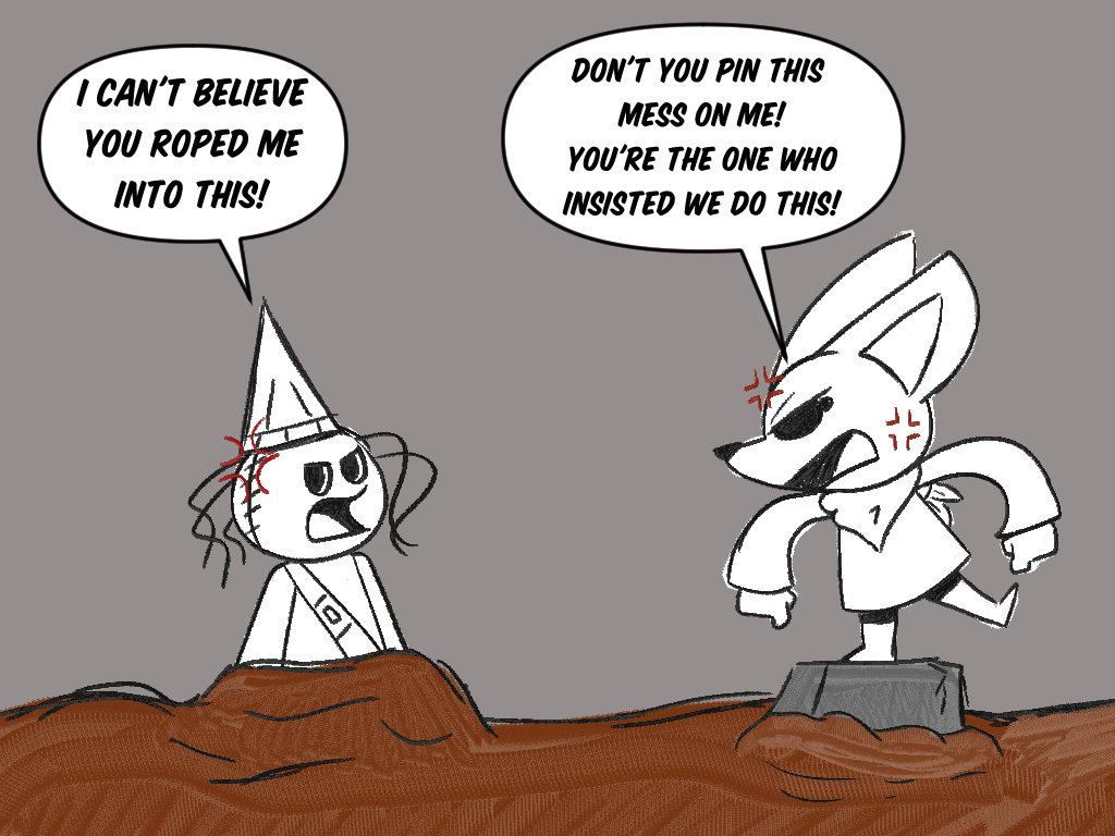 4:3 angry anthro bandanna canid canine clothing cross-popping_vein duo female fennec feral fox hair_strands hat headgear headwear hollow_eyes human kerchief liarthese_(viniko7) lilith_(viniko7) male mammal mud pointy_hat snout speech_bubble stitch_(sewing) stuck_in_ground swamp text torso_buckle undead vein viniko7