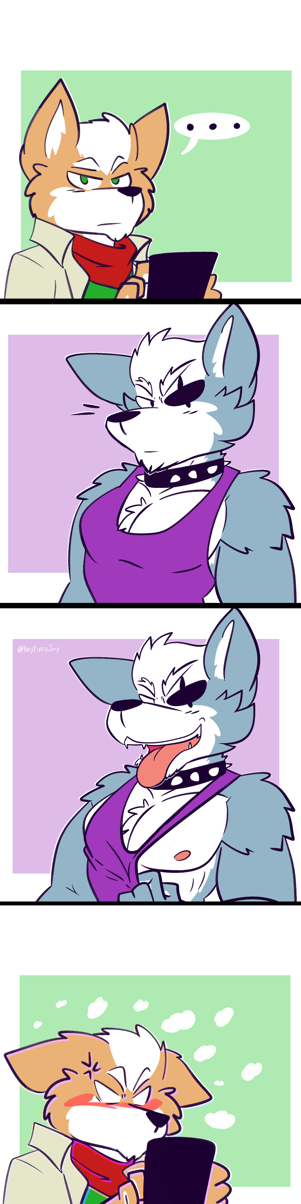 1:4 absurd_res anthro blush canid canine canis clothing collar comic digital_media_(artwork) duo fizzyjay fox fox_mccloud fur hi_res long_image male mammal muscular nintendo nipples open_mouth shirt simple_background smile star_fox tall_image tank_top topwear video_games wolf wolf_o'donnell