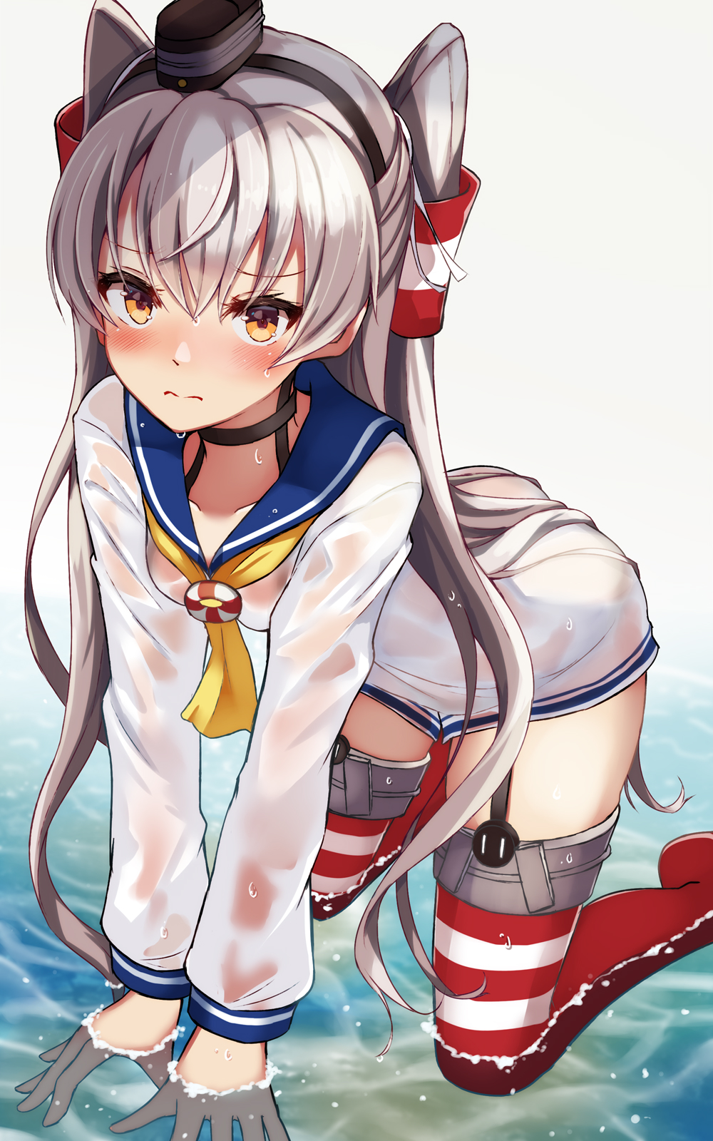 1girl all_fours alternate_costume amatsukaze_(kantai_collection) black_hairband blush breasts choker closed_mouth collarbone commentary_request cosplay dress garter_straps gloves hair_between_eyes hair_ornament hair_tubes hairband hat highres kantai_collection long_hair long_sleeves looking_at_viewer mini_hat natsu_narumi red_legwear sailor_collar sailor_dress see-through short_dress silver_hair solo striped striped_legwear thighhighs two_side_up very_long_hair water wet wet_clothes wet_dress white_gloves windsock yukikaze_(kantai_collection) yukikaze_(kantai_collection)_(cosplay)
