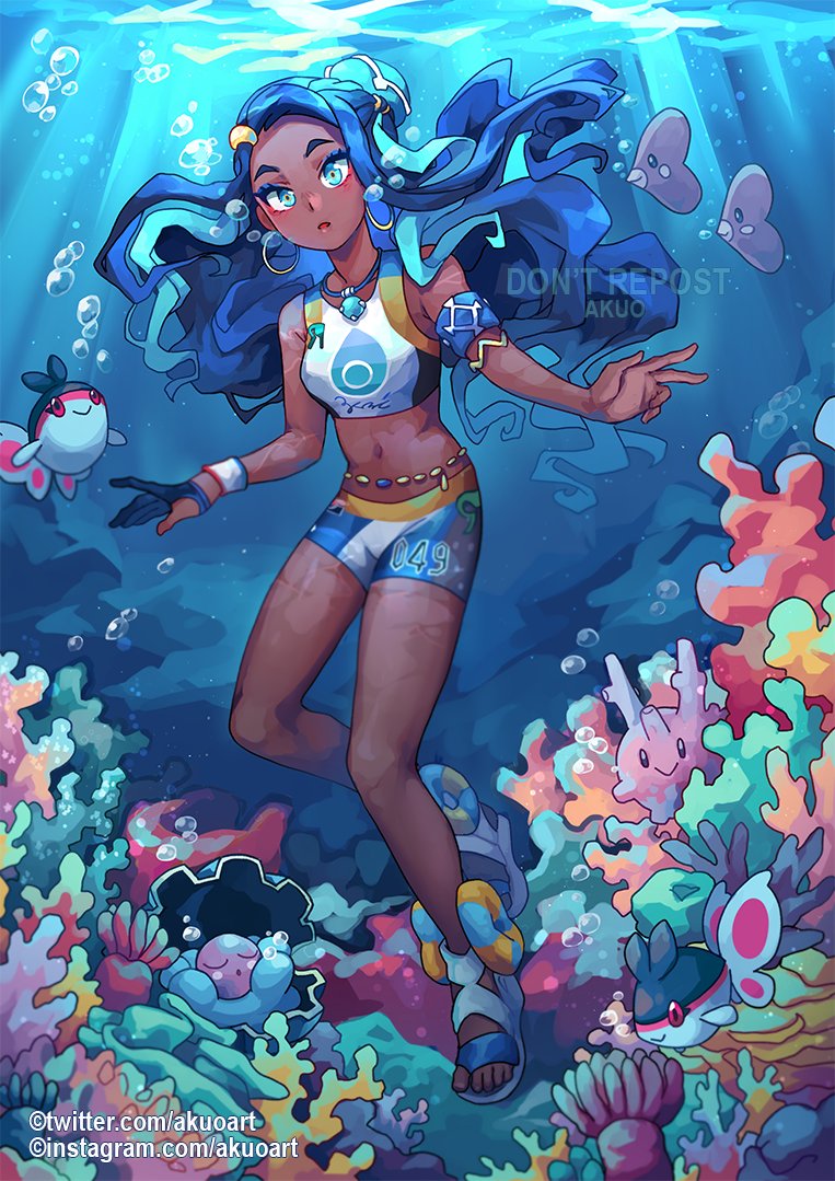 1girl akuo armlet belly_chain bike_shorts black_hair blue_eyeshadow blush bubble clamperl commentary coral coral_reef corsola dark_skin dark_skinned_female dynamax_band earrings english_commentary eyeshadow finneon gen_2_pokemon gen_3_pokemon gen_4_pokemon gloves gym_leader hair_bun hoop_earrings jewelry light_beam long_hair looking_at_viewer luvdisc makeup multicolored_hair navel necklace nessa_(pokemon) number pokemon pokemon_(creature) pokemon_(game) pokemon_swsh repost_notice sandals single_glove toes two-tone_hair underwater water_surface