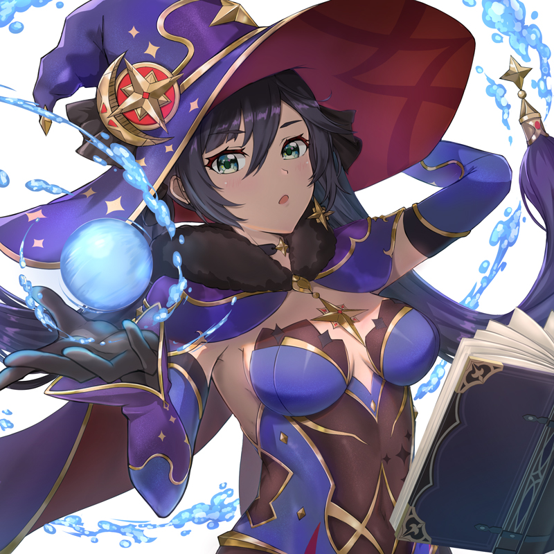 1girl aqua_eyes bare_shoulders black_gloves black_hair blue_cape blue_headwear blue_leotard bodystocking book breasts cape cleavage covered_navel detached_sleeves earrings elbow_gloves fur_collar genshin_impact gloves gold_trim hat hat_ornament highleg highleg_leotard jewelry kelinch1 leotard long_hair looking_at_viewer medium_breasts mona_(genshin_impact) open_mouth orb pantyhose star_(symbol) star_earrings thighlet thighs twintails water witch_hat