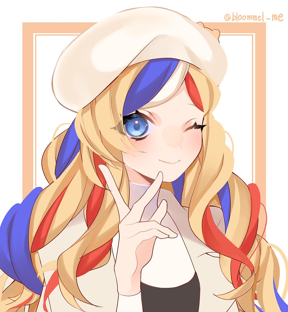 1girl beret blonde_hair blue_hair commandant_teste_(kantai_collection) hat kantai_collection kozu_(bloomme1_me) long_hair multicolored_hair official_alternate_costume one_eye_closed red_hair smile solo streaked_hair twitter_username upper_body wavy_hair white_background white_hair white_headwear