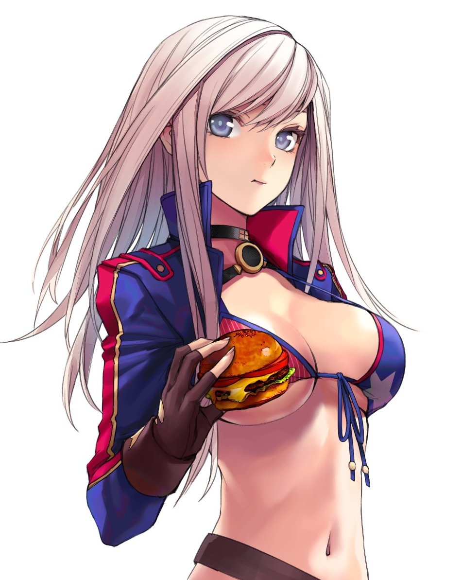 1girl american_flag_bikini applekun asymmetrical_gloves asymmetrical_hair bangs belt beltskirt bikini bikini_top blue_eyes blue_swimsuit bow_swimsuit breasts choker cleavage collarbone criss-cross_halter cropped_jacket eating fate/grand_order fate_(series) fingerless_gloves flag_print food gloves grey_hair hair_down half-skirt halterneck hamburger large_breasts long_hair looking_at_viewer miyamoto_musashi_(fate/grand_order) miyamoto_musashi_(swimsuit_berserker)_(fate) navel pink_hair print_swimsuit ribbon shrug_(clothing) side-tie_swimsuit sideboob simple_background solo swept_bangs swimsuit two-tone_swimsuit white_background