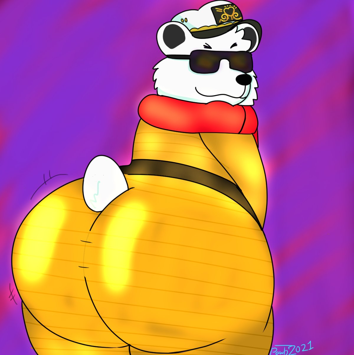 anthro big_butt black_nose butt clothed clothing coat eyewear fur hat headgear headwear hi_res huge_butt huge_thighs kerchief male mammal masked_singer mexico pawsbrush_(artist) polar_bear sailor_hat showing_ass solo sunglasses thick_thighs topwear ursid ursine white_body white_fur