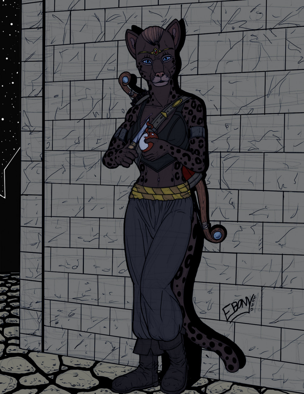 2020 5_fingers anthro anurri_(swordfox) apple_(fruit) armband arrow avoid_posting bandolier belt bethesda_softworks blue_eyes boots bow_(weapon) breasts brick_wall cleavage clothed clothing cobblestone ebonyleopard elder_scrolls_online fan_colored felid feline female fingers footwear gem hair head_jewelry hi_res holding_knife khajiit knife leaning_on_wall leather leather_boots leather_clothing leather_footwear leather_top leather_topwear loitering looking_at_viewer mammal midriff_baring_shirt midriff_top navel night pantherine quiver quiver_(arrows) ranged_weapon rosettes ruby_(gem) sash scar signature solo spots spots_(marking) spotted_body standing star the_elder_scrolls topwear twilight video_games wall_(structure) weapon