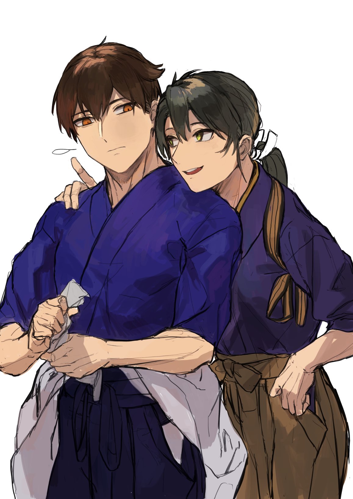 2boys blue_hakama brown_hair dark_green_hair fukazaki genderswap genderswap_(ftm) hakama hakama_skirt highres hip_vent japanese_clothes kaga_(kantai_collection) kantai_collection multiple_boys ribbon short_hair tasuki white_ribbon zuikaku_(kantai_collection)