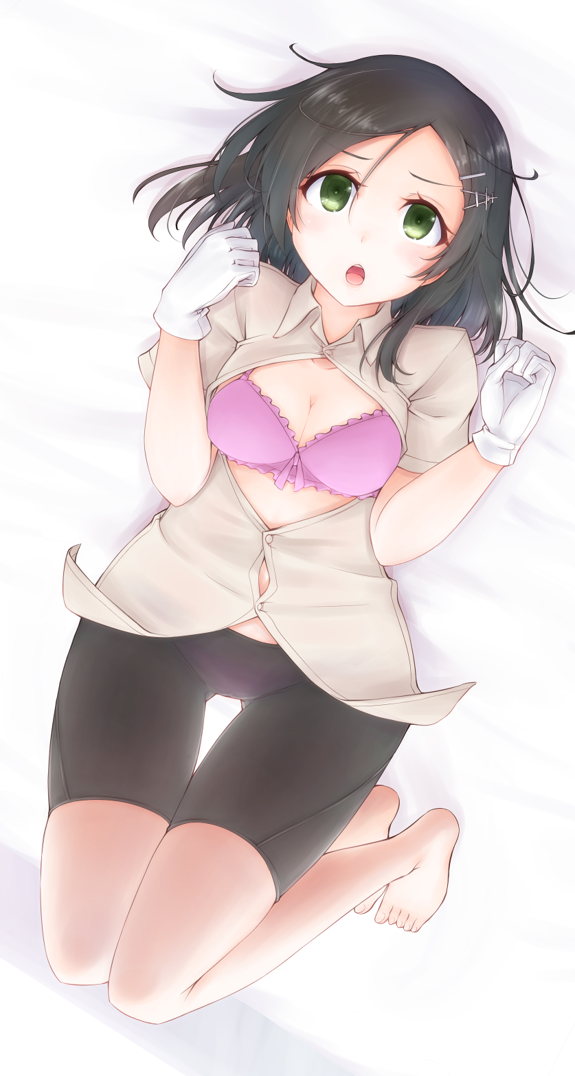 1girl barefoot bed_sheet bike_shorts black_hair black_shorts blush bra breasts buttons cleavage collared_shirt gloves green_eyes hair_ornament highres kantai_collection kuroshio_(kantai_collection) medium_breasts meihemu open_clothes open_mouth open_shirt pink_bra shirt short_hair short_sleeves shorts solo toes underwear white_gloves white_shirt