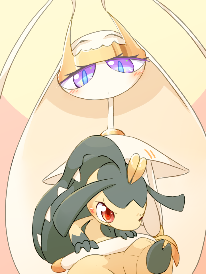 2girls annoyed antennae black_hair black_skin blue_eyes blush closed_mouth colored_skin commentary_request extra_mouth flat_chest gen_3_pokemon gen_7_pokemon hand_on_another's_head hug hug_from_behind insect_girl long_hair looking_at_another looking_down mawile multicolored multicolored_eyes multicolored_skin multiple_girls one_eye_closed open_mouth pheromosa pokemon pokemon_(creature) purple_eyes red_eyes sharp_teeth simple_background sitting sitting_on_lap sitting_on_person size_difference teeth two-tone_background two-tone_skin ukan_muri ultra_beast upper_body white_hair white_skin yellow_background yellow_skin