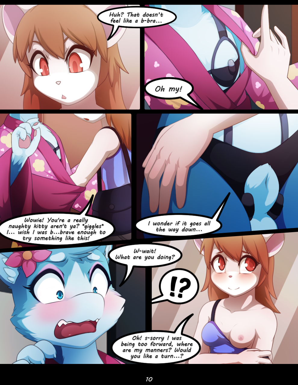 5_fingers anthro areola black_bars blue_body blue_fur breasts clothed clothing comic darkmirage digital_media_(artwork) english_text female fingers fur hi_res letterbox nipples open_mouth smile teeth text tongue