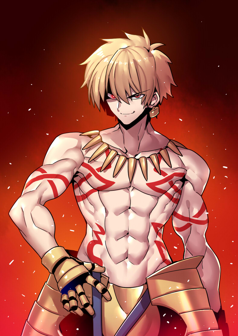 &gt;:) 1boy armor biceps blonde_hair body_markings collar collarbone earrings fate/grand_order fate/hollow_ataraxia fate_(series) gilgamesh gloves glowing glowing_eye jewelry looking_at_viewer muscular muscular_male pectorals red_eyes simple_background solo tagme tattoo tukiwani