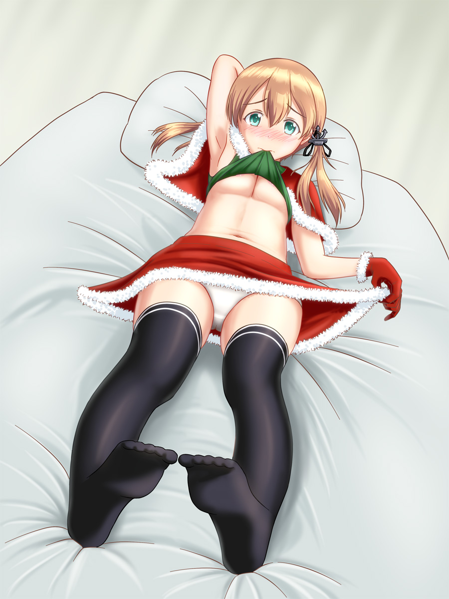 1girl anchor_hair_ornament arm_behind_head arm_up armpits bed black_legwear blonde_hair blush breasts capelet christmas cleavage commentary_request double_horizontal_stripe doutanuki fur-trimmed_capelet fur-trimmed_skirt fur_trim gloves green_eyes green_shirt hair_ornament highres kantai_collection lifted_by_self looking_at_viewer lying medium_breasts miniskirt mouth_hold navel on_back on_bed panties pantyshot pillow prinz_eugen_(kantai_collection) red_capelet red_gloves red_skirt santa_costume santa_gloves shirt shirt_lift skirt skirt_lift solo thighhighs twintails underwear white_panties