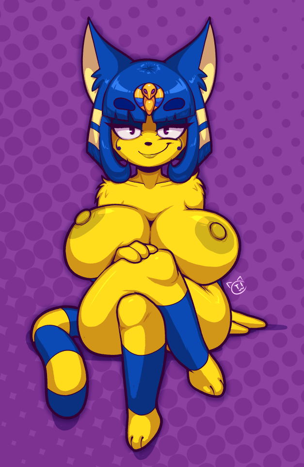 2021 animal_crossing ankha_(animal_crossing) anthro big_breasts breasts conditional_dnp domestic_cat felid feline felis female fur huge_breasts looking_at_viewer mammal nintendo nipples nude solo teckworks video_games yellow_body yellow_fur