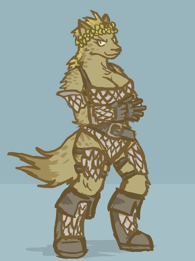 2012 3:4 adventurer anthro armor belt belt_buckle big_breasts blonde_hair boots breasts brown_body brown_fur cleavage clothed clothing cuisse druid female flower flower_crown fluffy fluffy_tail footwear fur gloves gnoll hair handwear hyaenid lonelyworld magic_user mammal mane narrowed_eyes plant rerebrace ria_(gnoll) skimpy_armor smile smirk solo thick_thighs tribal_spellcaster