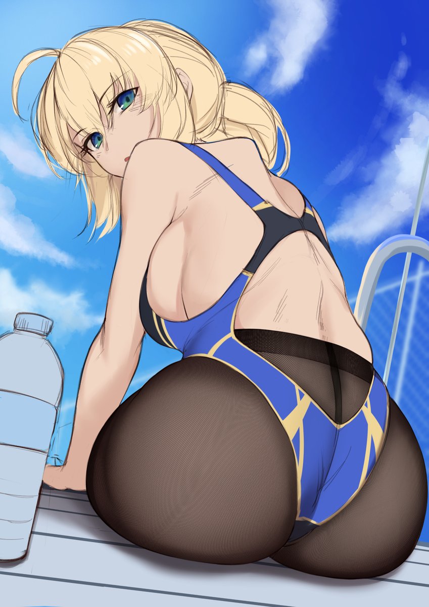 1girl :o ahoge alternate_breast_size artoria_pendragon_(all) artoria_pendragon_(swimsuit_archer) ass blonde_hair blue_eyes blue_sky blue_swimsuit bottle breasts cloud eyebrows eyebrows_visible_through_hair fate/grand_order fate_(series) flat_color highres hirasawa_seiji large_breasts looking_at_viewer looking_back one-piece_swimsuit pantyhose pantyhose_under_swimsuit sitting sketch sky swimsuit tied_hair water_bottle