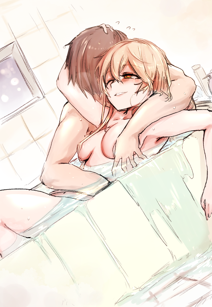 1boy 1girl 2poet armpits bath bathing bathtub blonde_hair blush breasts brown_hair commentary_request convenient_censoring girls_frontline hand_on_another's_head hetero korean_commentary long_hair medium_breasts mixed_bathing nude one_eye_closed ots-14_(girls_frontline) overflowing overflowing_bath short_hair smile water