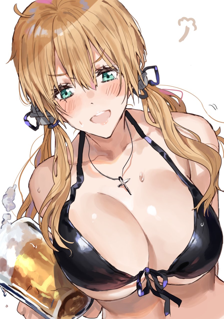 1girl alcohol amakaze aqua_eyes beer beer_mug bikini black_bikini blonde_hair blush breasts cleavage collarbone cup eyebrows_visible_through_hair front-tie_bikini front-tie_top hair_between_eyes highres holding holding_cup jewelry kantai_collection large_breasts long_hair low_twintails motion_lines mug necklace open_mouth prinz_eugen_(kantai_collection) simple_background solo swimsuit twintails upper_teeth white_background