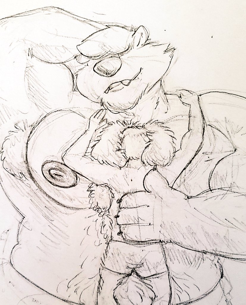 2020 ambiguous_species animal_crossing anthro areola armpit_hair big_muscles big_pecs bird's-eye_view body_hair chest_hair claws clothed clothing duo face_in_chest fangs fluffy hair_over_eyes hairy half-length_portrait hand_behind_head high-angle_view huge_muscles kicks_(animal_crossing) lounging lying male mammal mephitid monochrome muscular nintendo on_back pecs portrait size_difference sketch skunk smile teeth toothy underwear underwear_only video_games xleepy