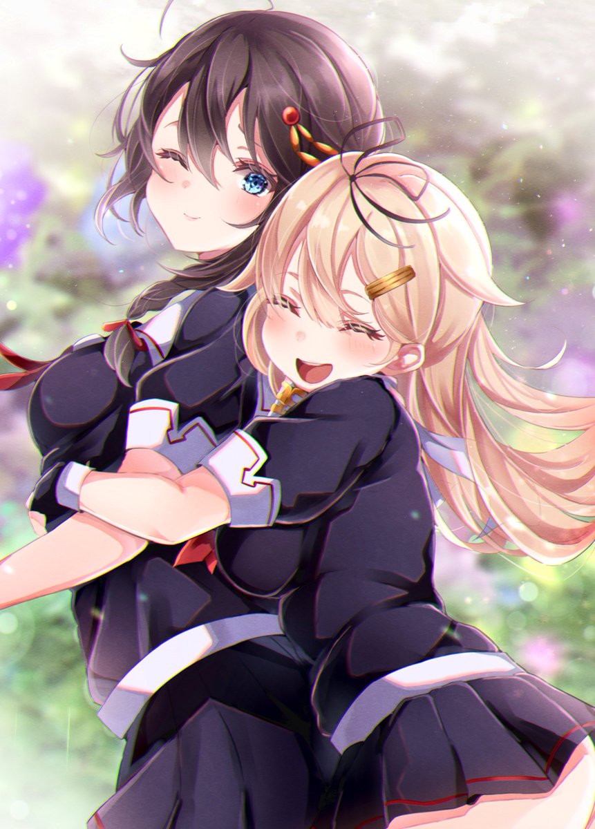 2girls ahoge black_gloves black_hair black_ribbon black_serafuku blonde_hair blue_eyes blurry braid commentary_request cowboy_shot depth_of_field gloves hair_flaps hair_ornament hair_over_shoulder hair_ribbon hairclip highres hug hug_from_behind kantai_collection long_hair looking_at_viewer multiple_girls neckerchief one_eye_closed red_eyes red_neckwear remodel_(kantai_collection) ribbon sa-ya2 scarf school_uniform serafuku shigure_(kantai_collection) single_braid white_scarf yuudachi_(kantai_collection)