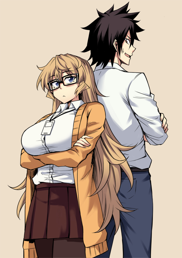 1boy 1girl :&lt; back-to-back beige_background black-framed_eyewear black_hair blonde_hair blue_eyes breasts brown_legwear brown_skirt cardigan commentary crossed_arms english_commentary fingernails furi2play! glasses height_difference id_card lanyard large_breasts margit_(furi2play) open_cardigan open_clothes peach_(momozen) pleated_skirt shirt skirt sweatdrop west_(furi2play) white_shirt