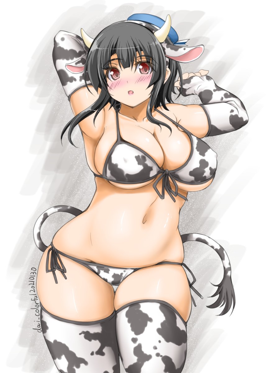 1girl akimoto_dai animal_ears animal_print arms_behind_head artist_name beret bikini black_hair blue_headwear breasts cleavage cow_ears cow_horns cow_print cow_tail dated elbow_gloves gloves hat highres horns kantai_collection large_breasts red_eyes short_hair side-tie_bikini solo swimsuit tail takao_(kantai_collection) thighhighs white_bikini white_gloves white_legwear