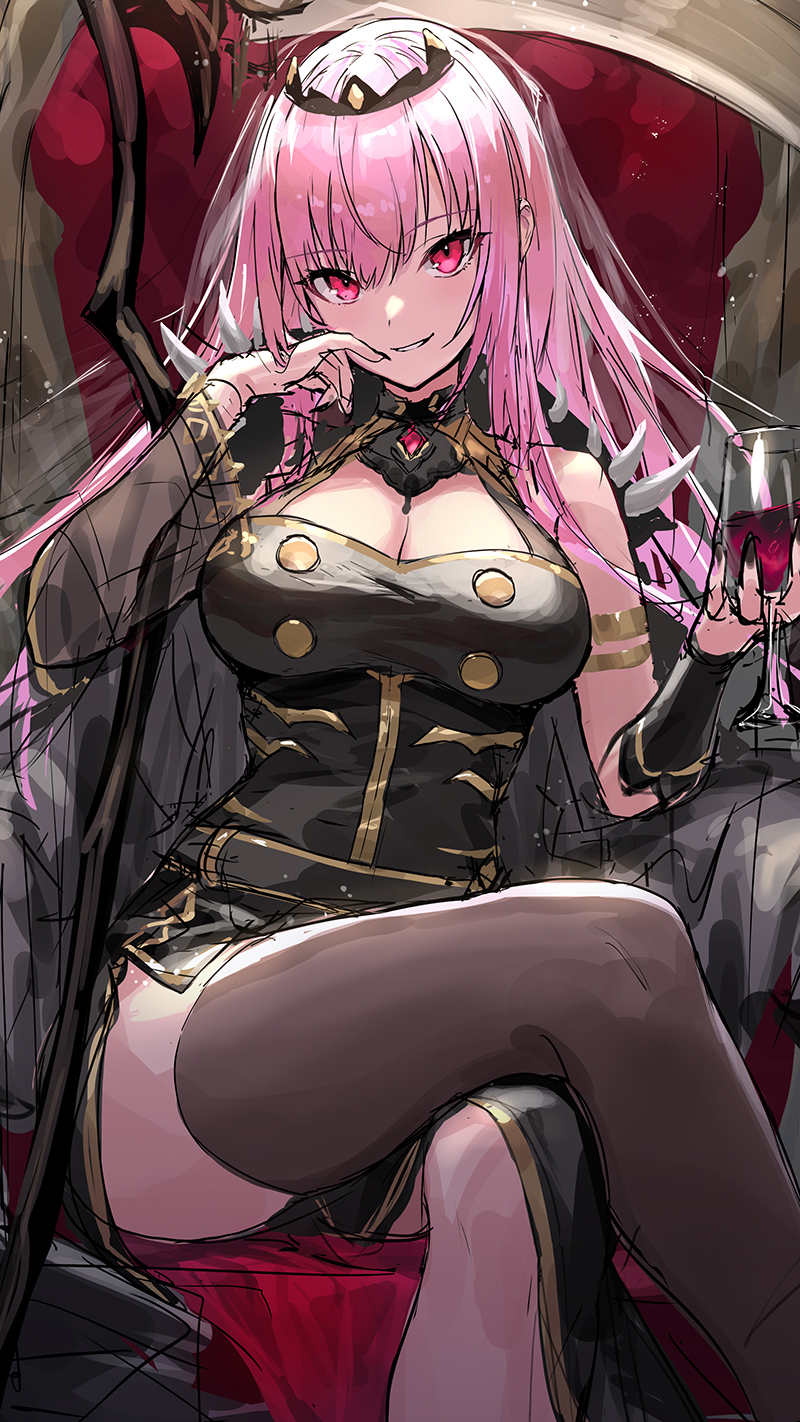 1girl armlet black_cloak black_dress black_headwear black_legwear black_nails breasts center_opening cleavage cloak commentary crossed_legs cup detached_sleeves dress drinking_glass eyebrows_visible_through_hair grin guchico hair_between_eyes hand_to_own_mouth highres holding holding_cup hololive hololive_english large_breasts long_hair looking_at_viewer mori_calliope nail_polish pink_eyes pink_hair scythe see-through_sleeves sitting sketch smile solo spikes thighhighs thighs throne tiara veil virtual_youtuber wine_glass