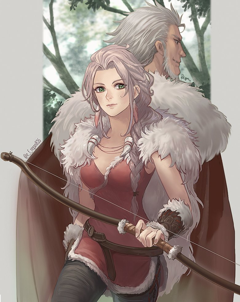1boy 1girl beard blonde_hair bracelet braid braided_ponytail facial_hair fur_trim gloves green_eyes h'aanit_(octopath_traveler) jewelry long_hair looking_at_viewer mole mole_under_mouth necklace octopath_traveler ponytail regan_(hatsumi) simple_background smile