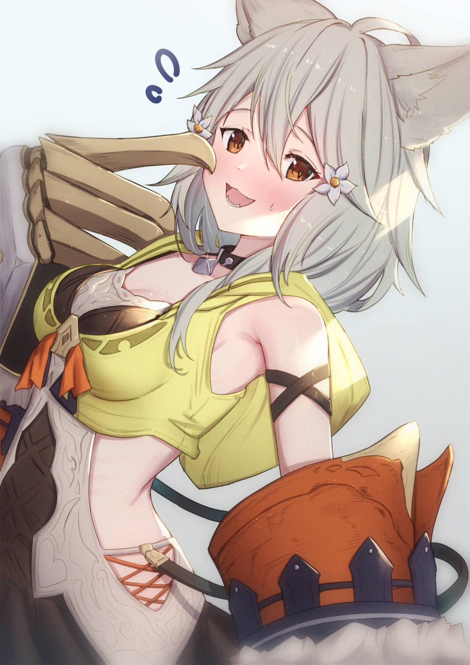 1girl :d animal_ear_fluff animal_ears armpits bangs bare_shoulders blush breasts brown_eyes claw_(weapon) commentary erune eyebrows_visible_through_hair fangs flower flying_sweatdrops granblue_fantasy grey_background grey_hair hair_between_eyes hair_flower hair_ornament highres hood hood_down long_hair looking_at_viewer open_mouth sen_(granblue_fantasy) small_breasts smile solo sweat symbol_commentary uneg weapon white_flower