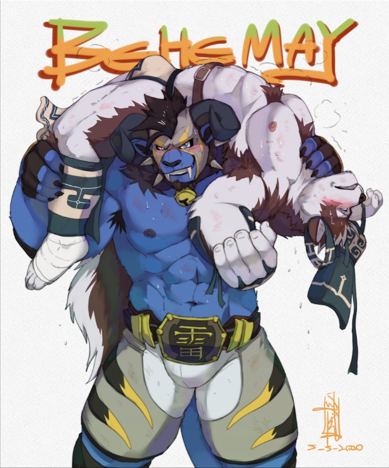 2020 abs accessory armpit_hair behemoth_(ff) biceps blue_body blue_eyes body_hair bottomwear brown_body brown_fur brown_tail bulge canid canine canis chest_tuft clothing duo eyes_closed final_fantasy fingerless_gloves foot_wraps fur gloves handwear headband horkeukamui loincloth male mammal mask merfiller_(artist) multicolored_body multicolored_fur muscular muscular_male muscular_thighs nipples pecs signature simple_background sports_mask sportswear square_enix tokyo_afterschool_summoners tuft two_tone_body two_tone_fur video_games white_background white_body white_fur white_tail wolf wraps wrestling wrestling_belt wrestling_mask