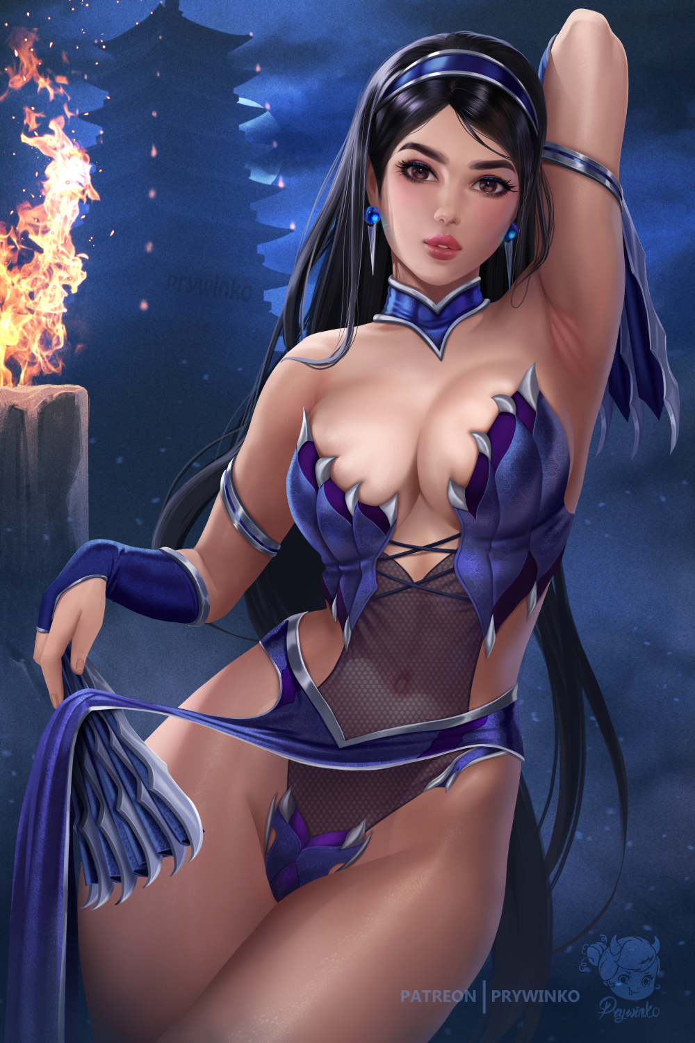 1girl architecture arm_up armlet armpits bangs black_hair breasts bridal_gauntlets brown_eyes choker covered_navel east_asian_architecture fan fire folding_fan hairband highres kitana large_breasts leotard lips long_hair looking_at_viewer mortal_kombat night parted_bangs pelvic_curtain prywinko revealing_clothes solo strapless strapless_leotard very_long_hair