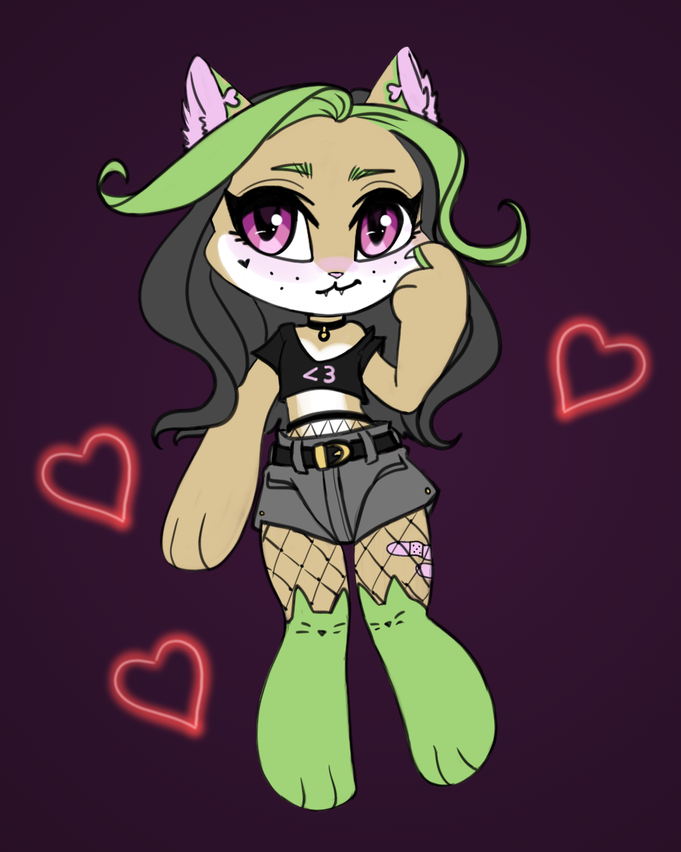 &lt;3 4:5 alternative anthro chibi choker clothing domestic_cat e-girl egirl emo fashion felid feline felis female fishnet fishnet_legwear goth green_hair hair hi_res jewelry kiwi_(character) kiwi_(disambiguation) kiwi_cutie legwear long_socks mammal necklace pink_eyes solo