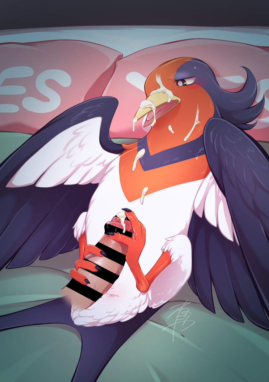 4_toes ambiguous_gender animal_genitalia anisodactyl avian beak bed bedroom blush bodily_fluids censor_bar censored cloaca cum cum_on_body cum_on_face cum_on_penis detailed_background disembodied_penis duo feathers feet feral foot_fetish foot_play footjob furniture genital_fluids genitals half-closed_eyes hi_res human interspecies kiriya larger_human larger_male lying male male/ambiguous mammal meme narrowed_eyes nintendo on_back on_bed open_mouth penis pok&eacute;mon pok&eacute;mon_(species) pok&eacute;philia prehensile_feet sex size_difference smaller_ambiguous smaller_feral sweat swellow toes video_games yes-no_pillow yes_pillow