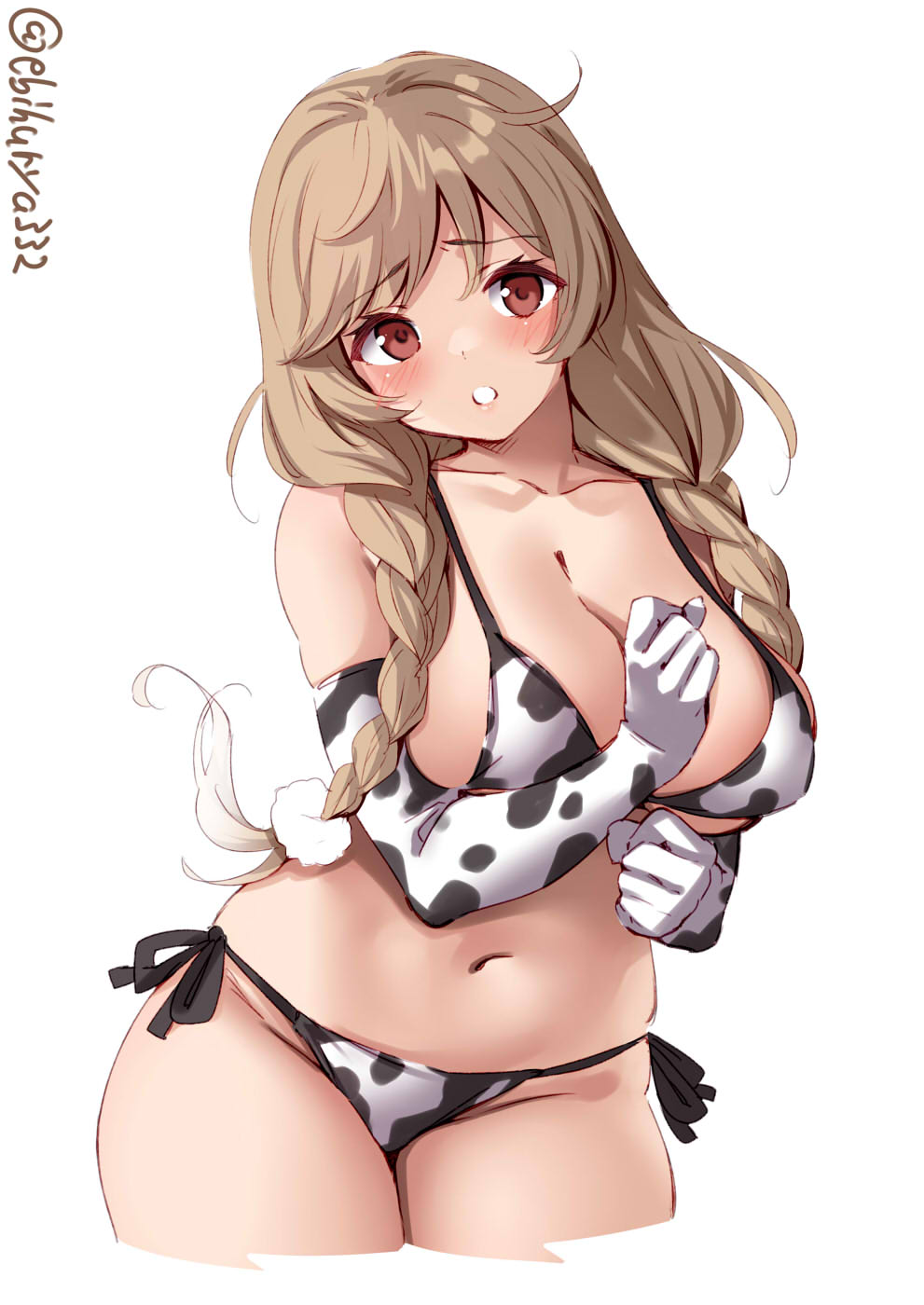 1girl animal_print bikini blush braid breasts cleavage collarbone cow_print cropped_legs ebifurya elbow_gloves eyebrows_visible_through_hair gloves groin highres kantai_collection large_breasts light_brown_hair long_hair minegumo_(kantai_collection) navel open_mouth red_eyes simple_background solo swimsuit twin_braids twitter_username white_background white_bikini white_gloves