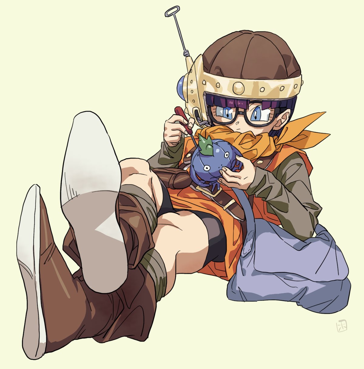 1girl bag belt bike_shorts blue_eyes boots character_doll chrono_trigger crossed_legs glasses helmet highres hosodayo lucca_ashtear nu purple_hair reclining scarf screwdriver short_hair simple_background socks solo