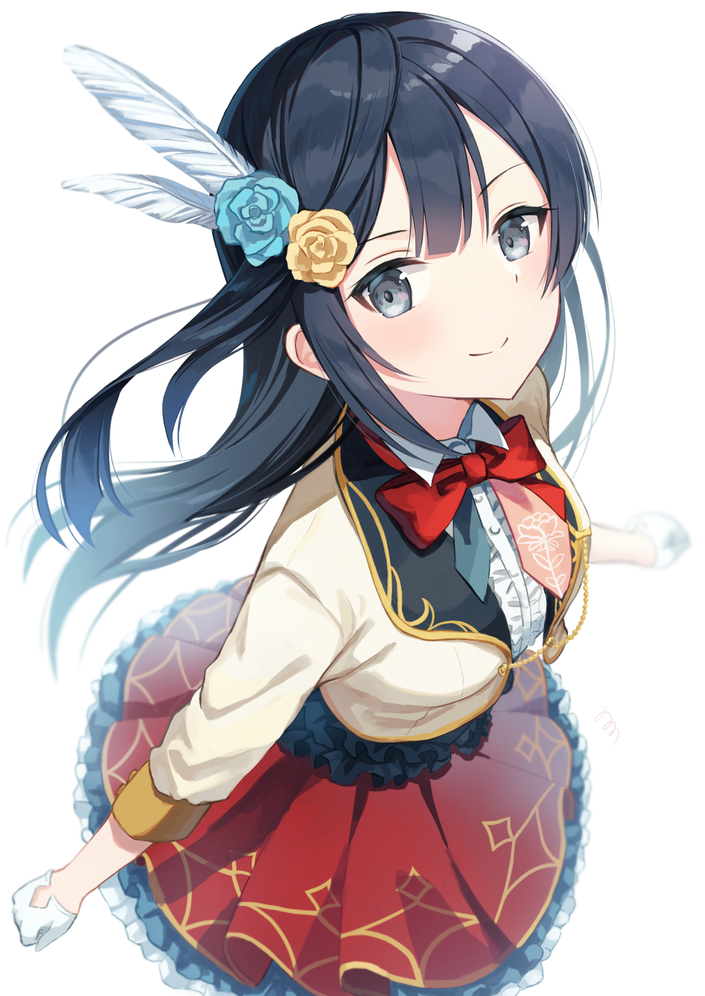 1girl bangs black_hair bow bowtie breasts commentary eyebrows_visible_through_hair feathers flower frilled_skirt frills gloves green_eyes hair_feathers hair_flower hair_ornament highres i'll_protect_your_smile!_(love_live!) long_sleeves looking_at_viewer love_live! love_live!_nijigasaki_high_school_idol_club medium_breasts nonono red_neckwear shiny shiny_hair side_ponytail single_sidelock skirt solo white_feathers white_gloves yuuki_setsuna_(love_live!)