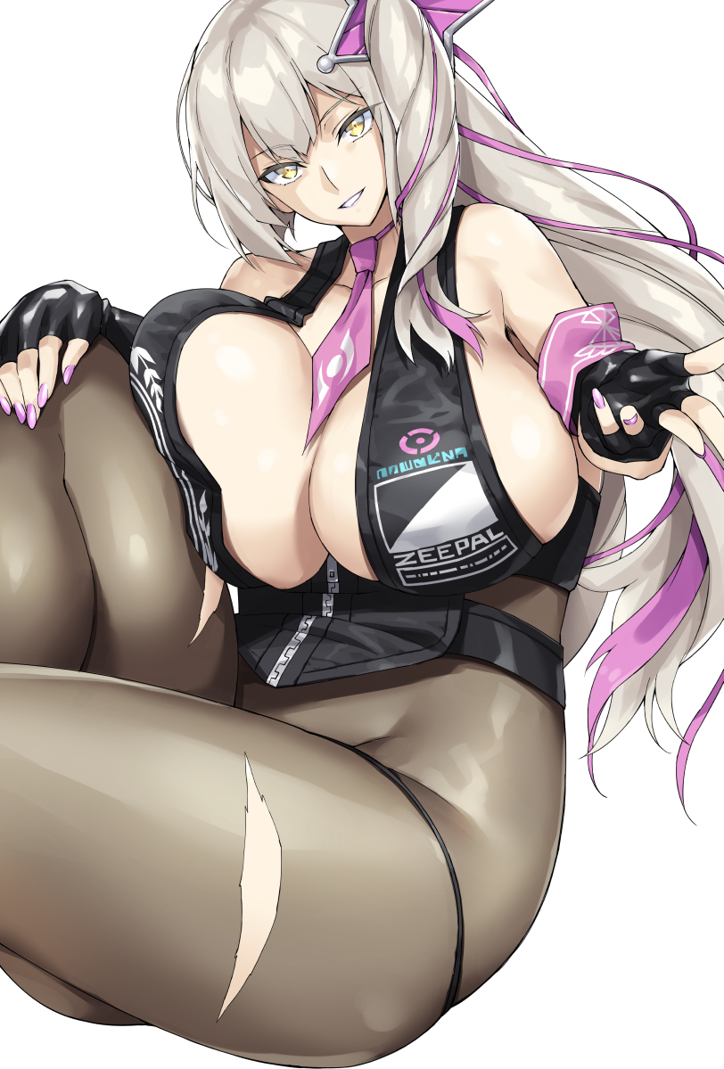 1girl armband bangs bare_shoulders bikini black_bikini black_gloves blush bnc_(bunshi) breasts cleavage cosplay fate/grand_order fate_(series) fingerless_gloves gloves grey_legwear hair_ornament halter_top halterneck huge_breasts knee_up long_hair looking_at_viewer marie_antoinette_(alter)_(fate/grand_order) marie_antoinette_(fate/grand_order) multicolored_hair necktie pale_skin pantyhose parted_lips pink_hair pink_neckwear sesshouin_kiara sesshouin_kiara_(swimsuit_mooncancer)_(fate) sesshouin_kiara_(swimsuit_mooncancer)_(fate)_(cosplay) side_ponytail sideboob silver_hair simple_background smile streaked_hair swimsuit thick_thighs thighs very_long_hair white_background yellow_eyes