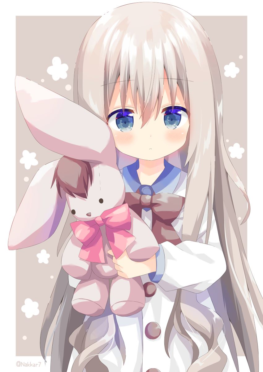 1girl bangs blue_eyes blue_shirt blush bow brown_bow closed_mouth collared_shirt commentary_request dress eyebrows_visible_through_hair floral_background grey_background grey_hair hair_between_eyes highres holding holding_stuffed_toy long_hair long_sleeves looking_at_viewer nakkar original pink_bow puffy_long_sleeves puffy_sleeves shirt solo stuffed_animal stuffed_bunny stuffed_toy two-tone_background upper_body very_long_hair white_background white_dress