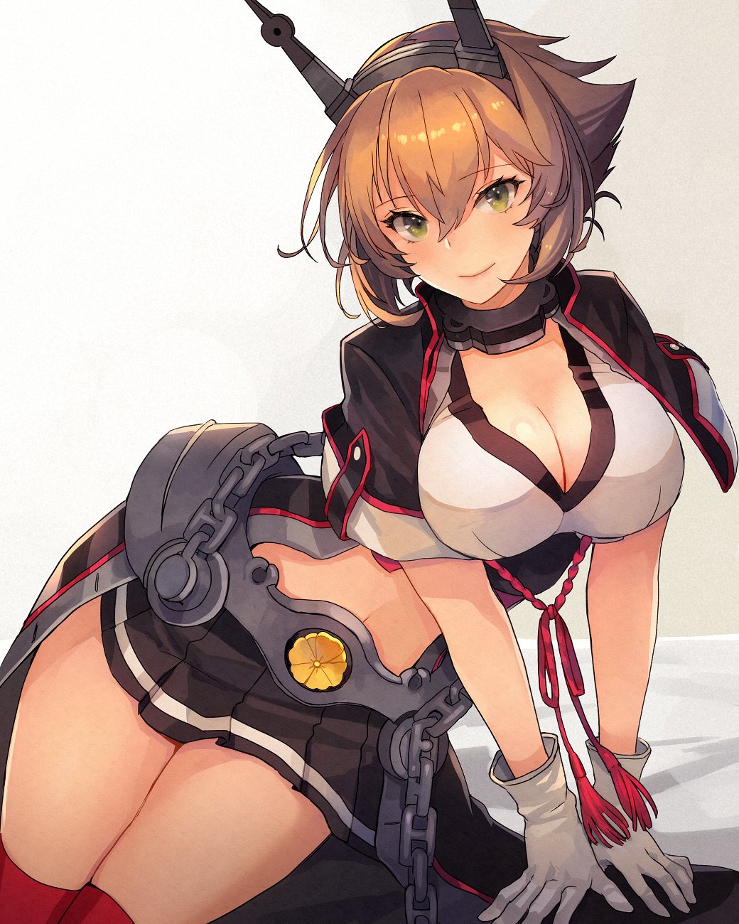 1girl black_skirt breasts brown_hair chain cleavage closed_mouth eyebrows_visible_through_hair gloves green_eyes hair_between_eyes headgear highres kantai_collection kasumi_(skchkko) large_breasts looking_at_viewer mutsu_(kantai_collection) pleated_skirt short_hair skirt smile solo white_gloves