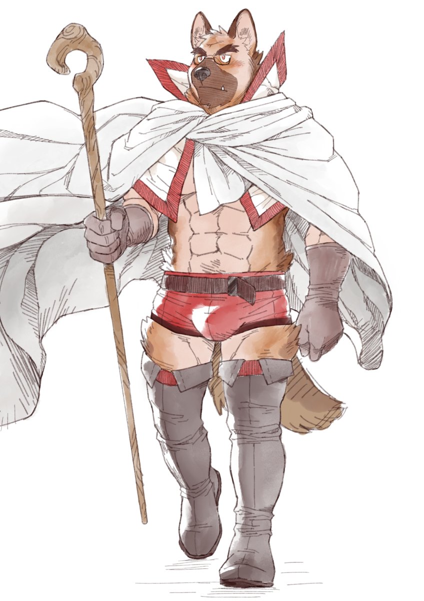 2021 anthro barazoku brown_body brown_fur bulge canid canine canis cape clothing domestic_dog eyewear fur glasses hi_res humanoid_hands kemono magic_user male mammal muscular muscular_anthro muscular_male ryuta-h simple_background solo underwear white_background