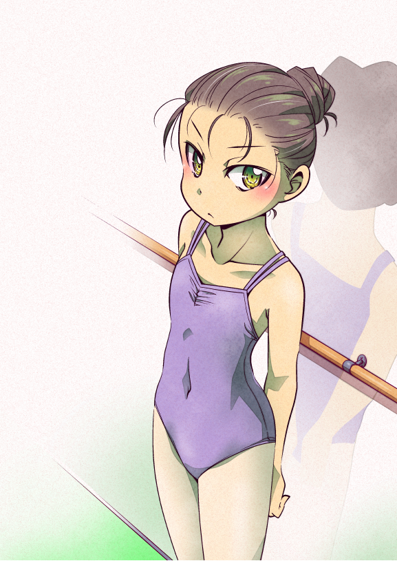 athletic_leotard ballerina ballet barre brown_hair covered_navel flat_chest from_above green_eyes hair_bun leotard mirror navel original pantyhose pinch_front pink_tights purple_leotard skeptical tommy_region