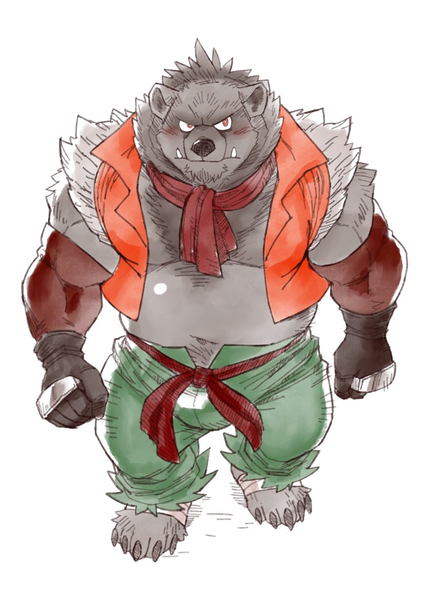 2021 anthro belly bottomwear brown_body brown_fur bulge clothing cute_fangs fur hi_res humanoid_hands kemono male mammal navel overweight overweight_anthro overweight_male pants ryuta-h scarf simple_background solo ursid white_background