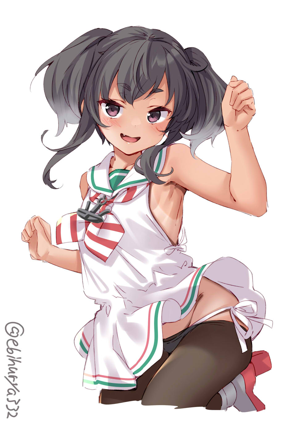 1girl black_hair black_legwear blush collarbone cosplay dress ebifurya eyebrows_visible_through_hair fang groin highres kantai_collection long_hair neckerchief open_mouth pantyhose purple_eyes rudder_footwear sailor_collar sailor_dress scirocco_(kantai_collection) scirocco_(kantai_collection)_(cosplay) short_hair short_hair_with_long_locks simple_background sleeveless sleeveless_dress smile solo tokitsukaze_(kantai_collection) twitter_username white_background white_dress white_sailor_collar