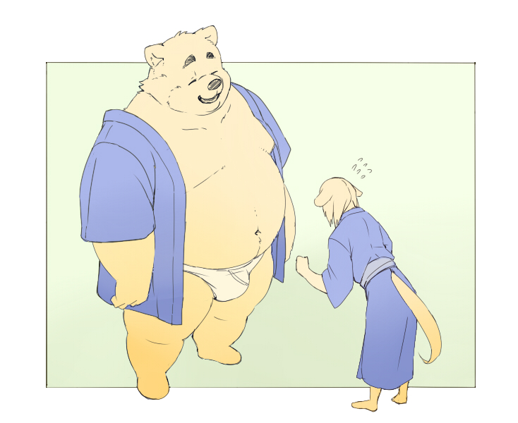 2021 anthro asian_clothing belly bulge canid canine canis clothing domestic_dog duo east_asian_clothing eyes_closed humanoid_hands inunoshippo japanese_clothing kemono male mammal moobs navel nipples overweight overweight_male underwear yukata