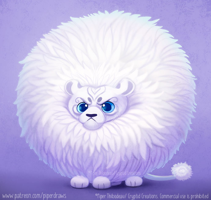 2021 blue_eyes cryptid-creations felid feral fluffy frown fur grumpy hair lion male mammal pantherine purple_background simple_background solo text url white_body white_fur white_hair